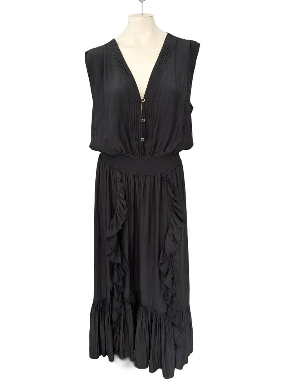 RAMY BROOK Smocked Waist Ruffled Skirt Sleeveless Maxi Dress in Black  SZ XL